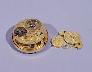 Piastra posteriore, con il ponte del bilanciere rimosso, di un orologio di Thomas Mudge, Londra, realizzato per il re di Spagna, 1755